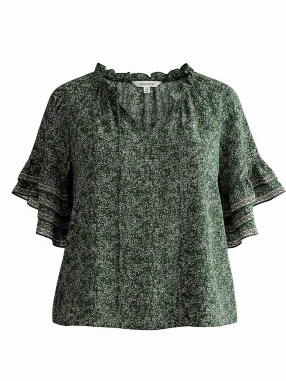 Max Studio Women’s Green Floral Ruffle-Sleeve 1X Boho Peasant Top